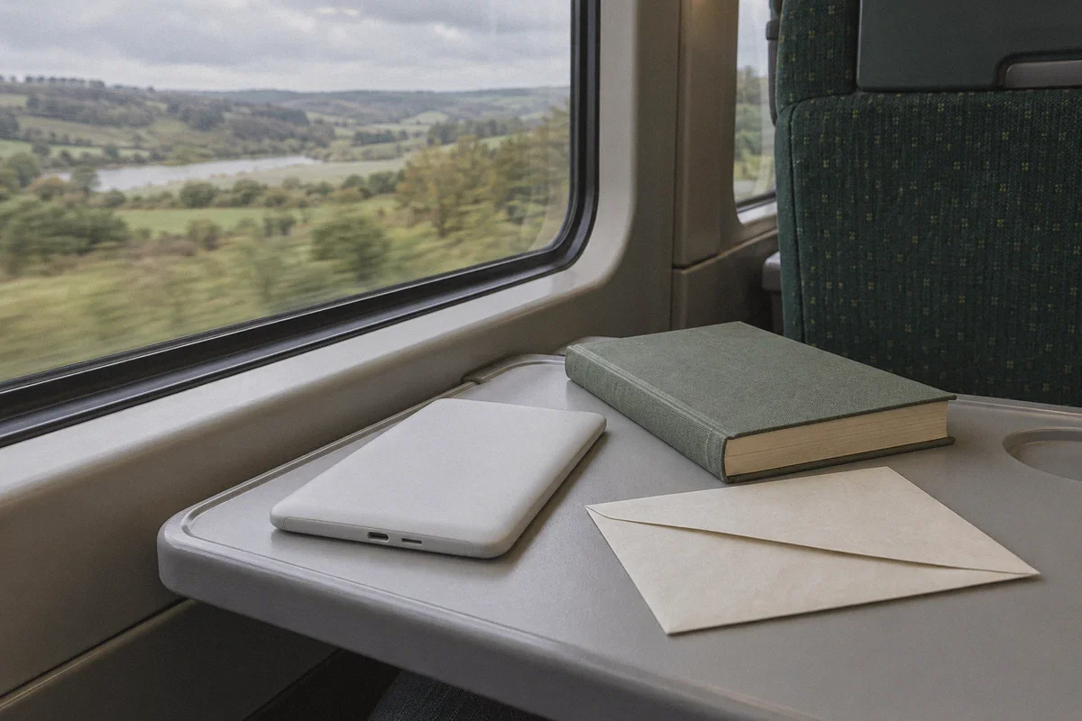 E-reader and book on a train tray.