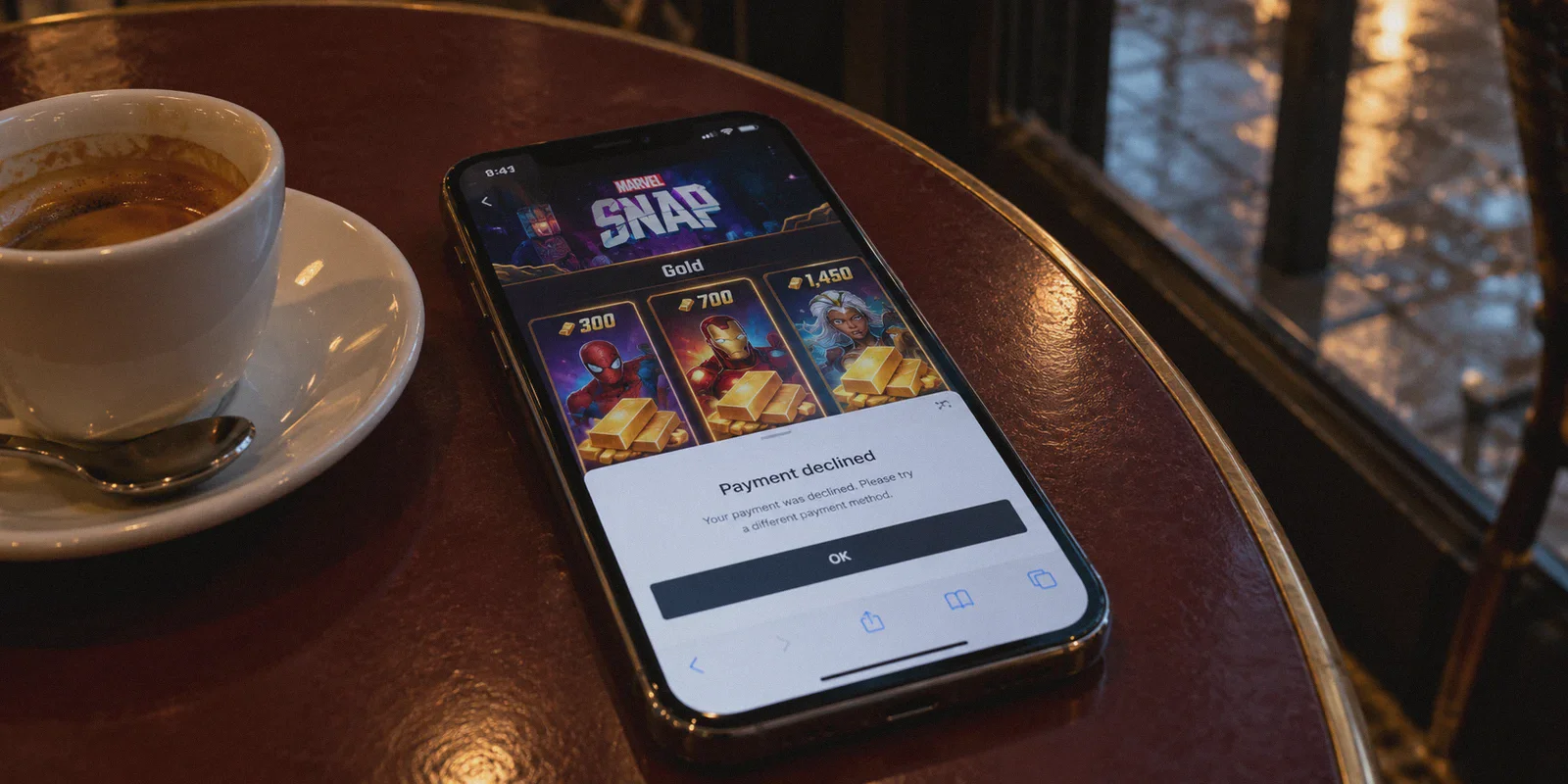 Mobile game purchase interrupted by a declined payment.