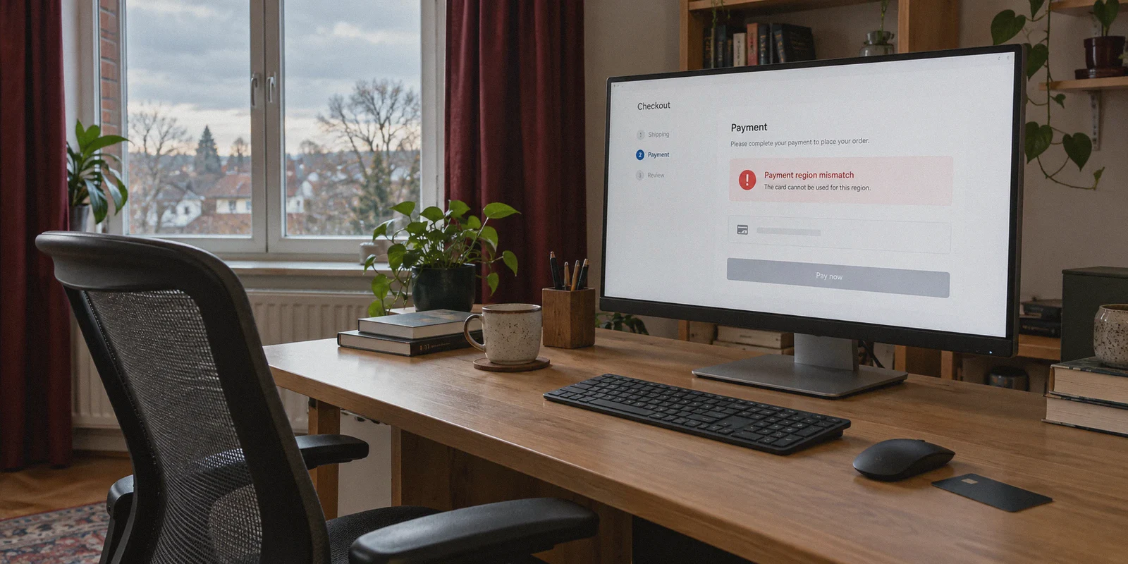 Home-office monitor displaying a payment region mismatch.