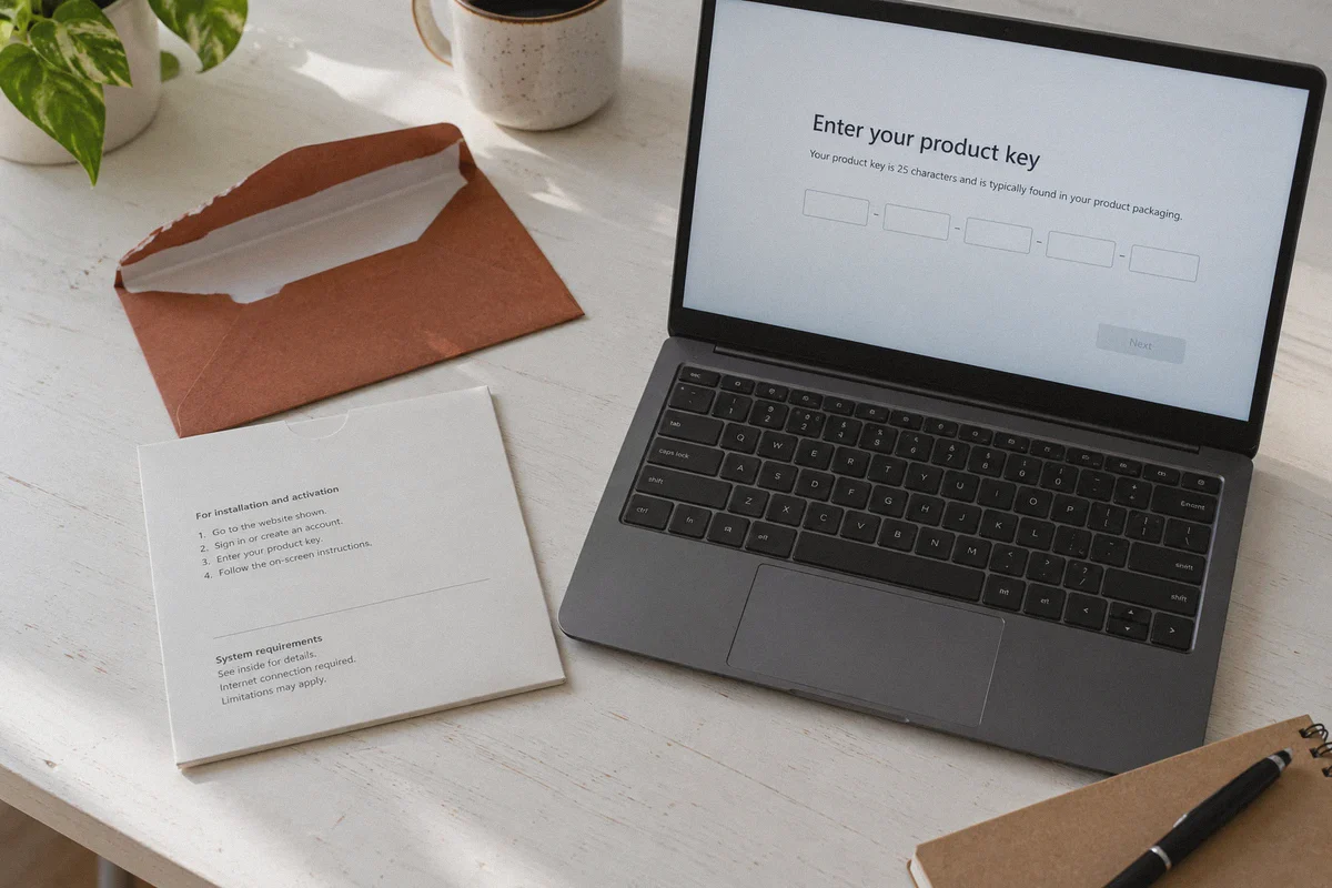 Prepaid software sleeve beside a product-key entry form.