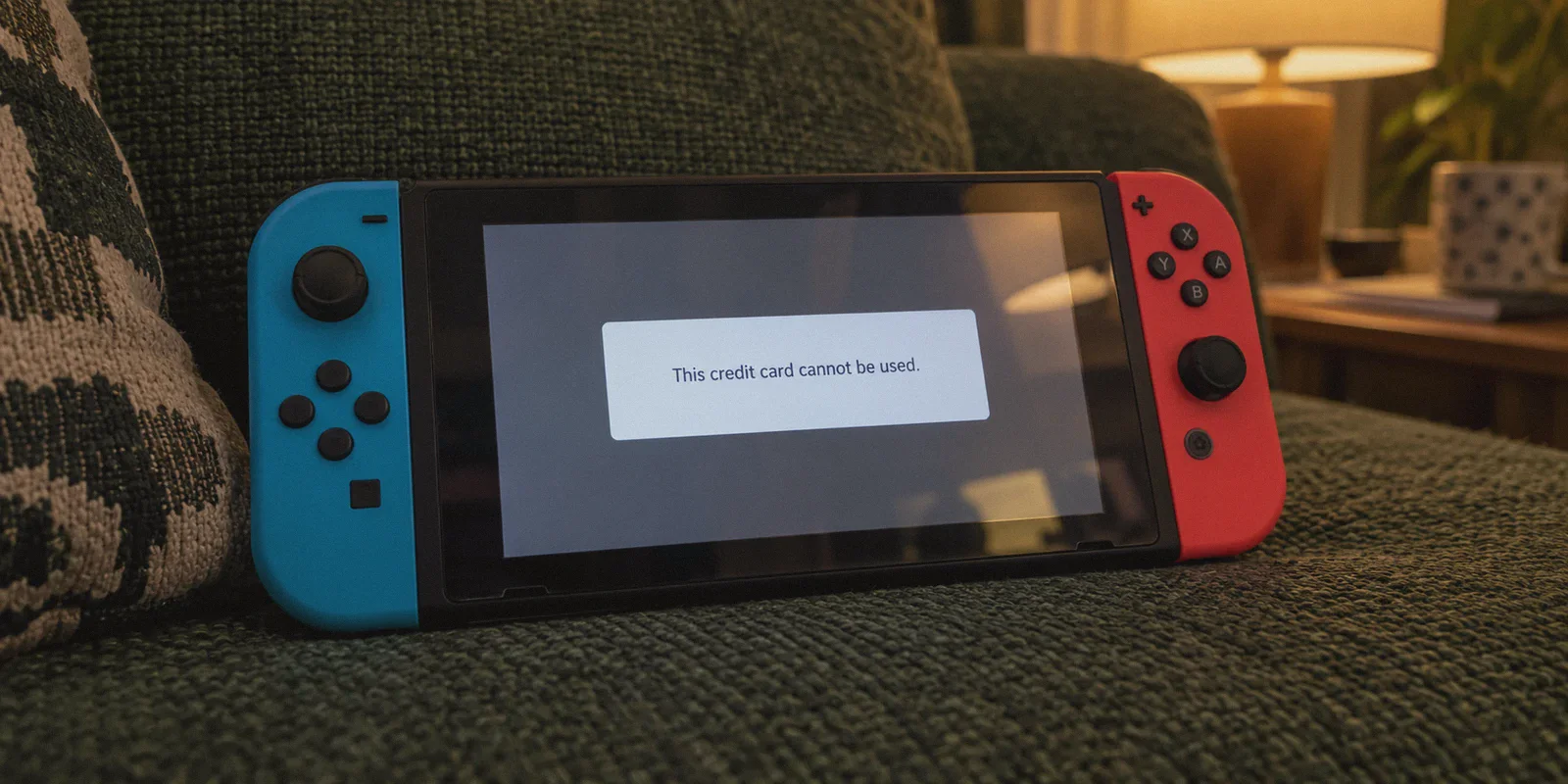 A Nintendo Switch displaying a credit card rejection message.