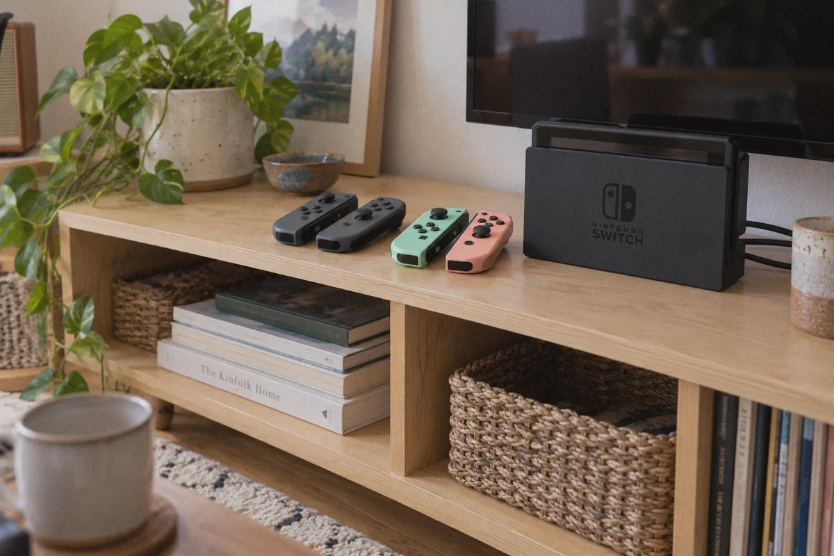 Extra controllers beside a Switch dock in a shared gaming space.