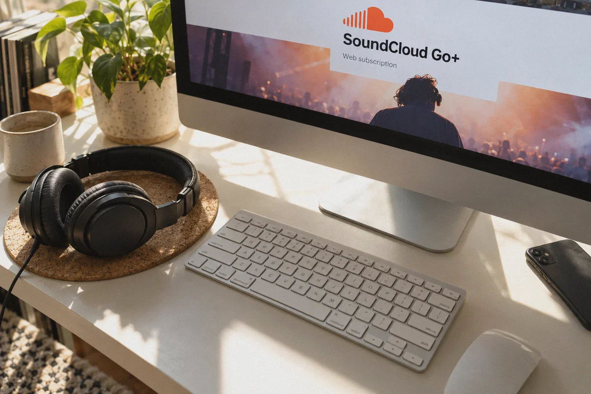 Desktop web subscription setup with headphones.