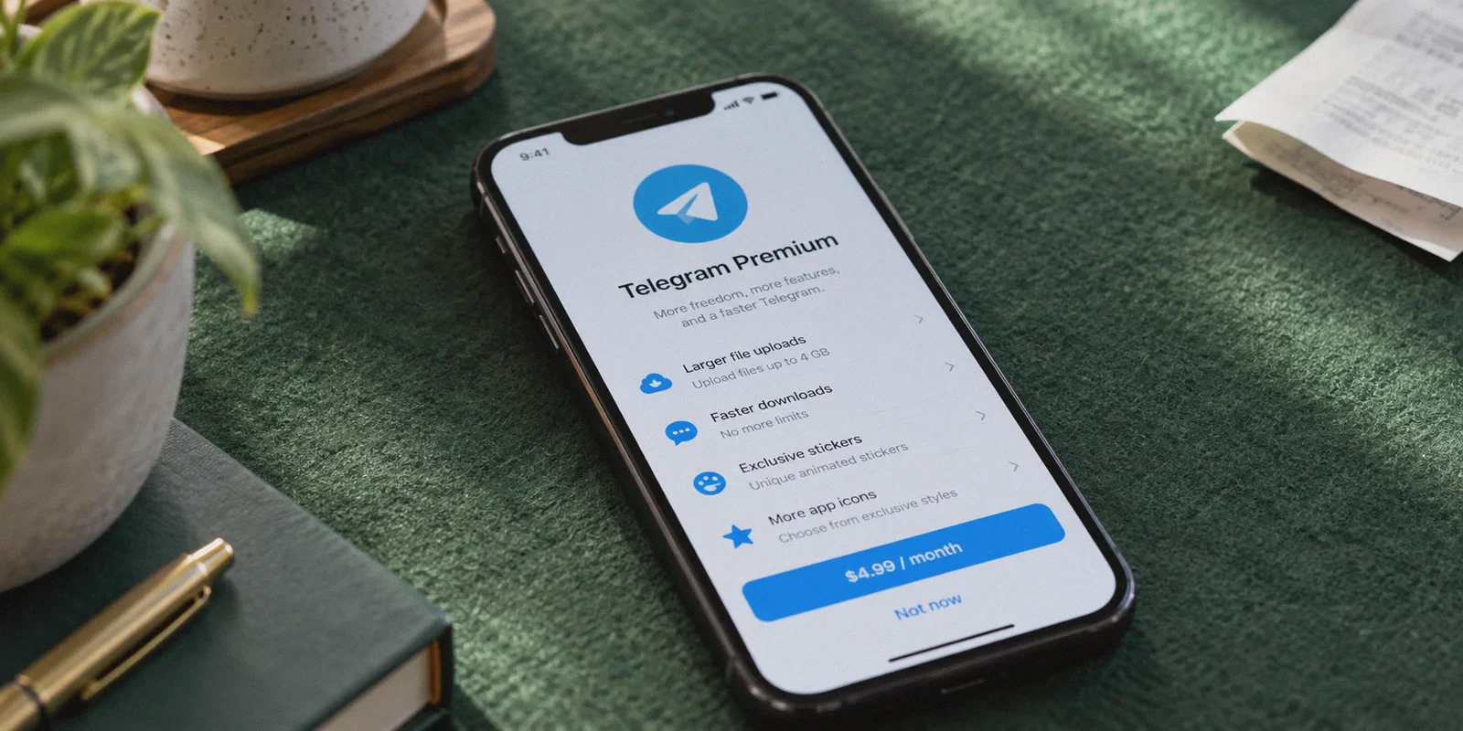 Telegram Premium monthly subscription pane on a smartphone.