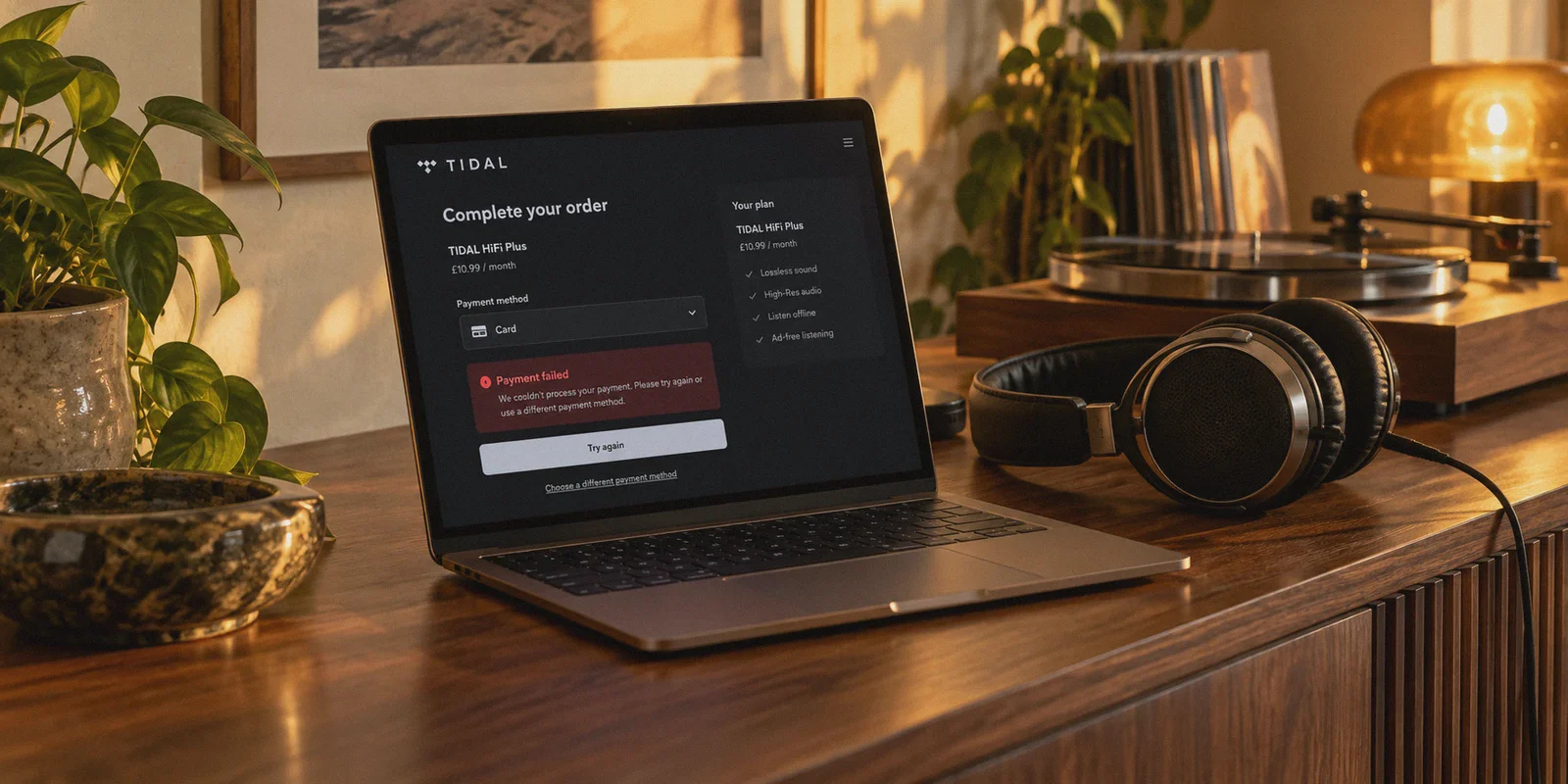 Music subscription checkout with a payment failure message