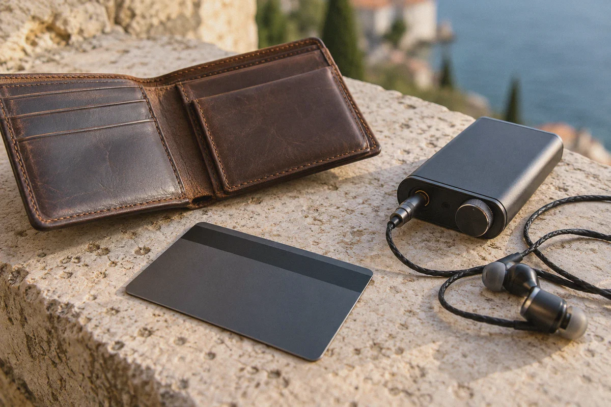Face-down payment card beside personal audio equipment
