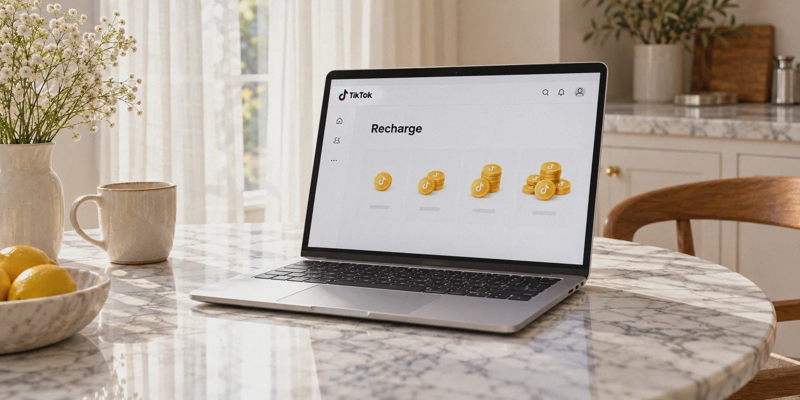 Laptop displaying a web coin recharge page.