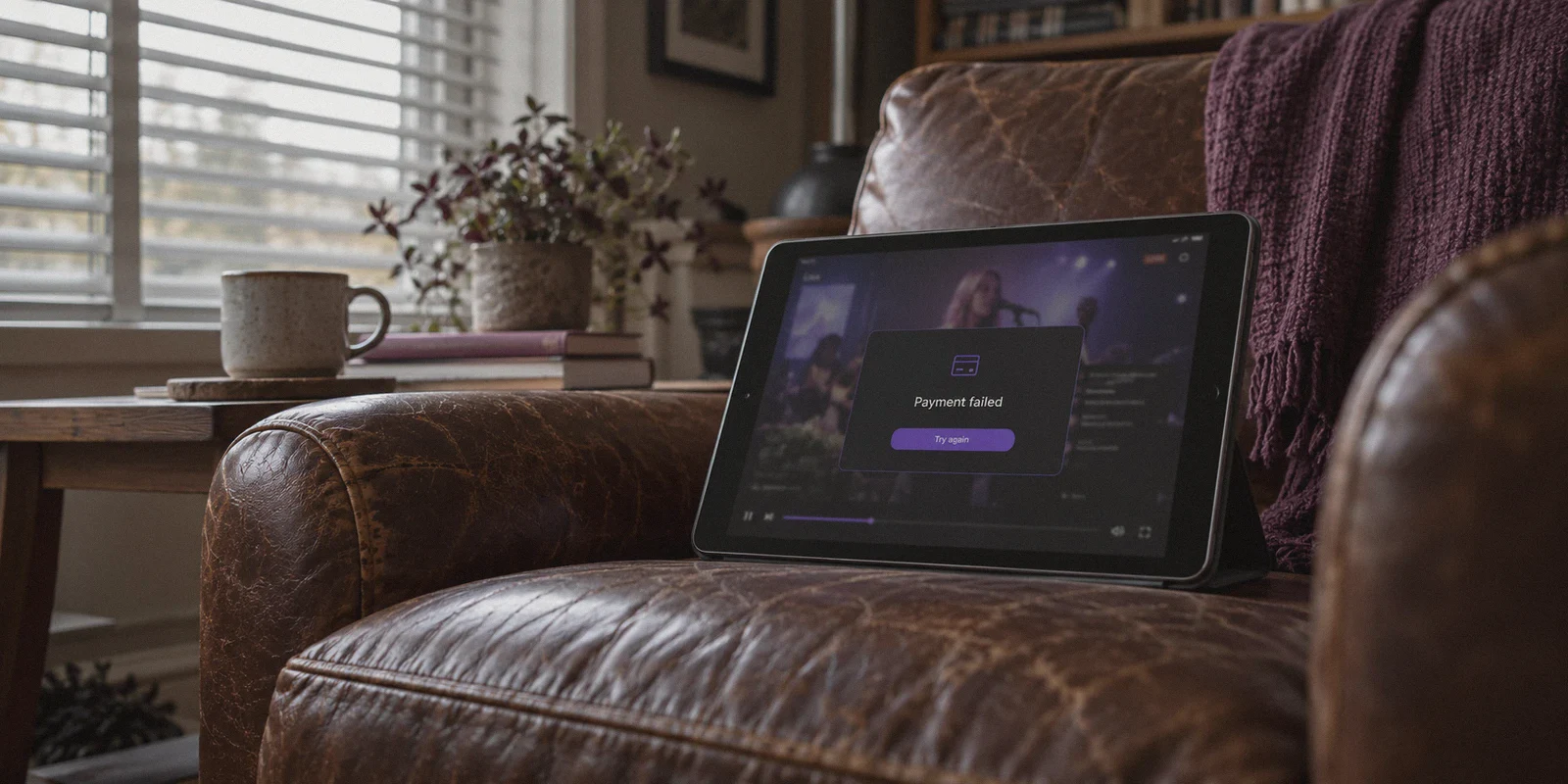 A streaming subscription checkout showing a payment failure on a tablet.