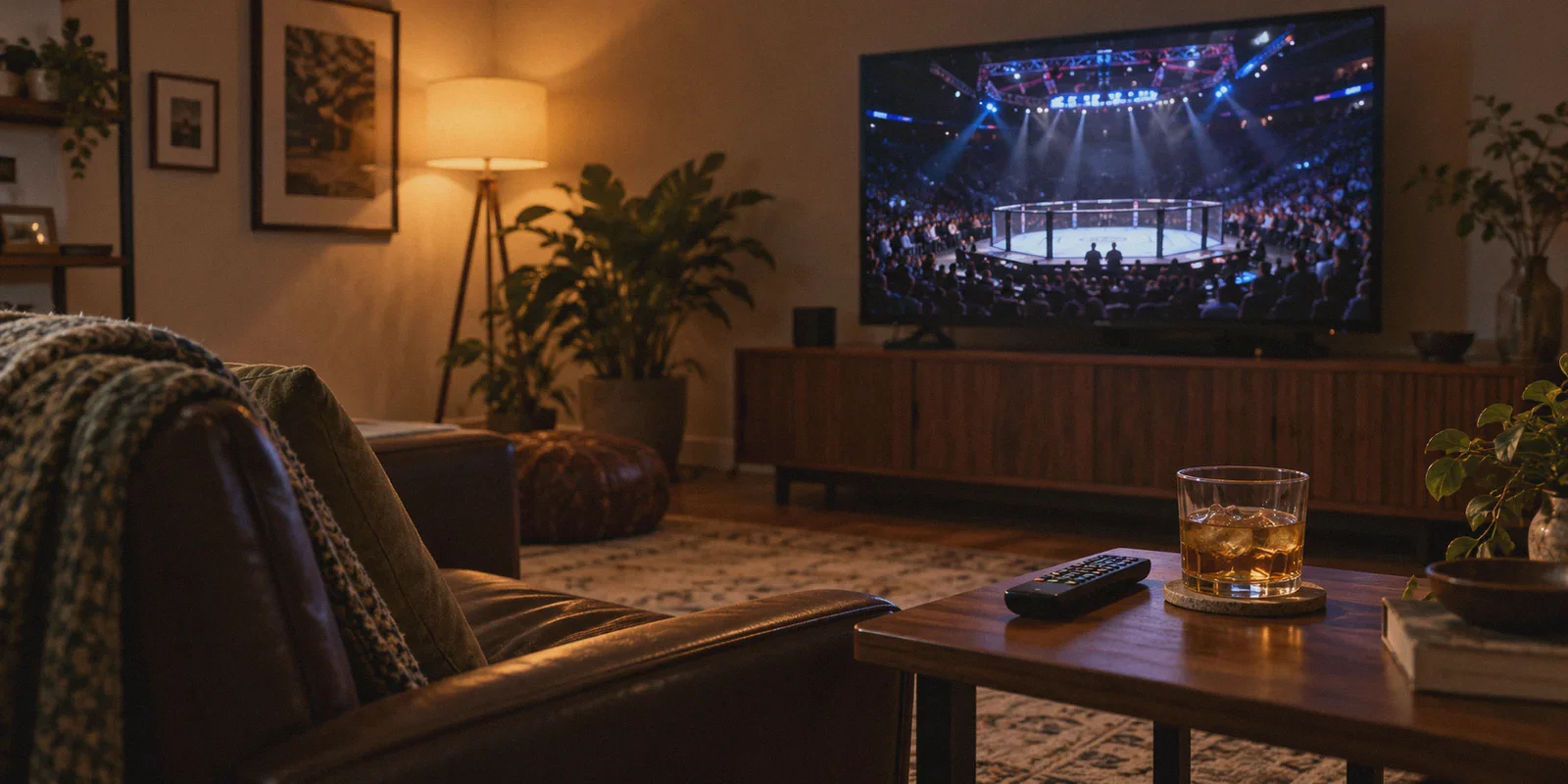 A living room prepared for a mixed martial arts broadcast.