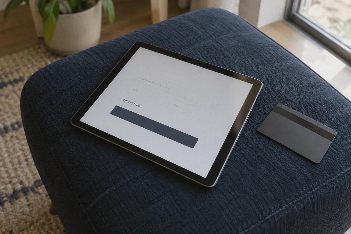 A tablet displaying a payment failure during checkout.