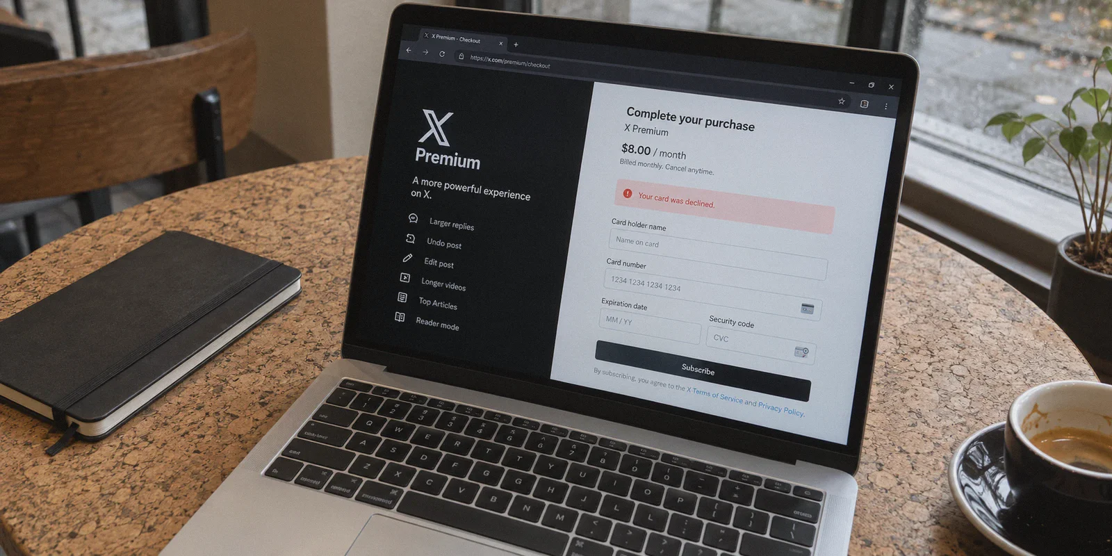 An X Premium checkout displaying a declined-card message.
