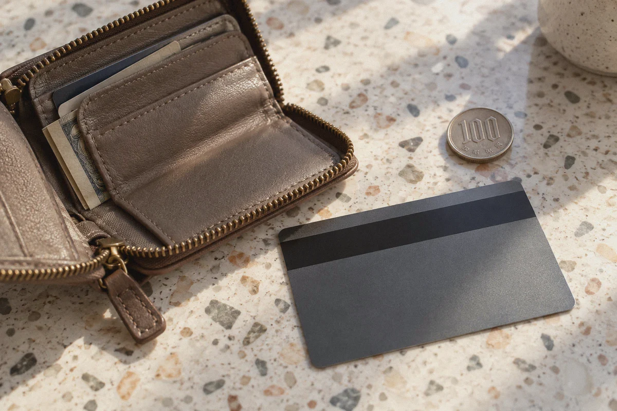A payment card and yen coin beside a travel wallet.