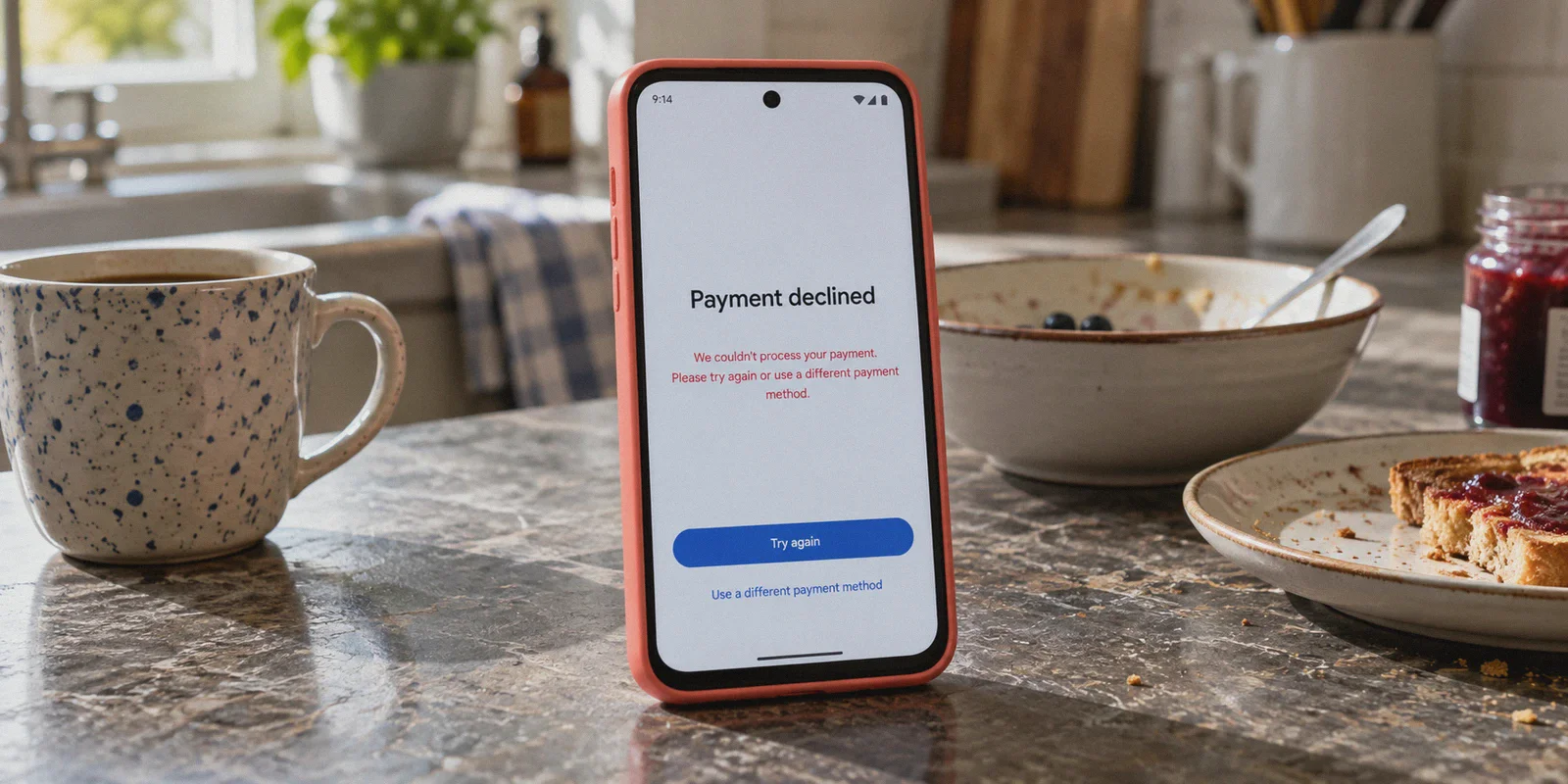 A subscription checkout displays a payment-declined message on a phone.