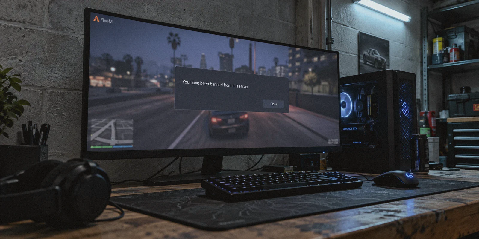 Game client displaying a server ban message.