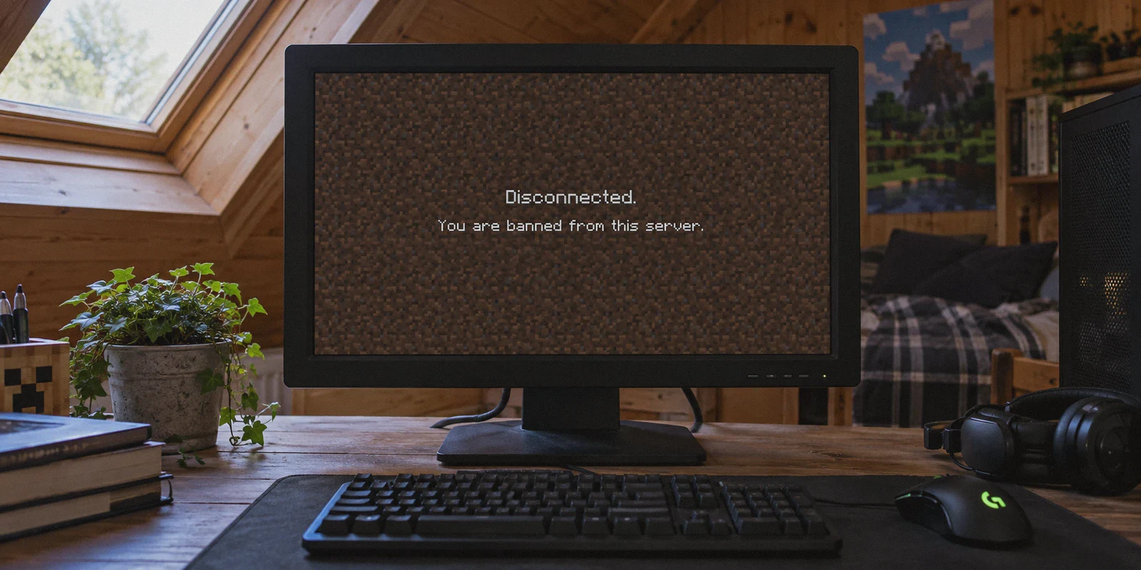A chunky black desktop monitor in a wood-paneled attic gaming nook shows the Minecraft disconnected screen, brown pixel-dirt background with one centered clear English line: Disconnected