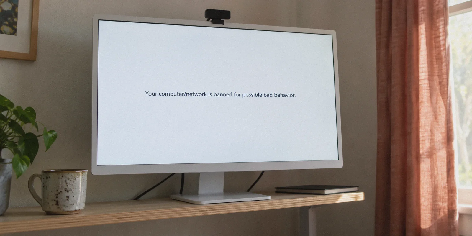 A video-chat ban message on a desktop display with a webcam.
