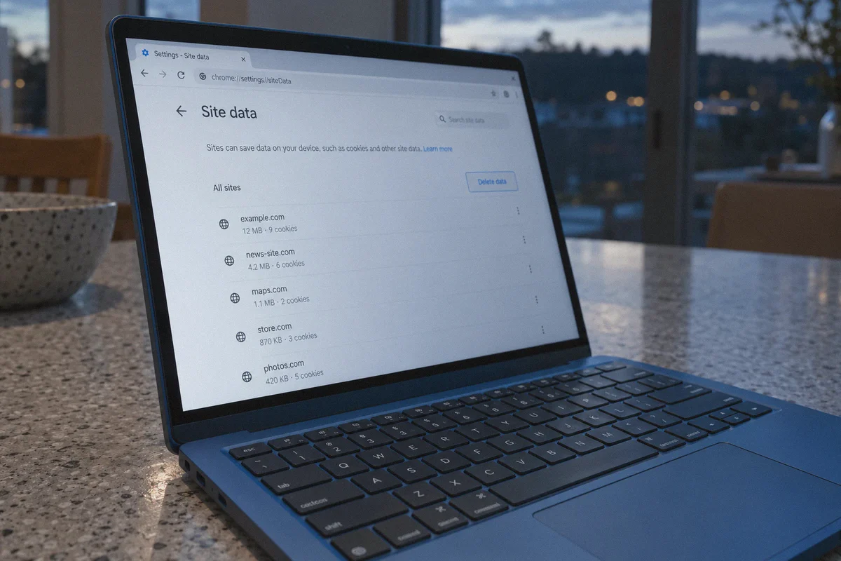 A browser’s site-data deletion controls on a notebook computer.