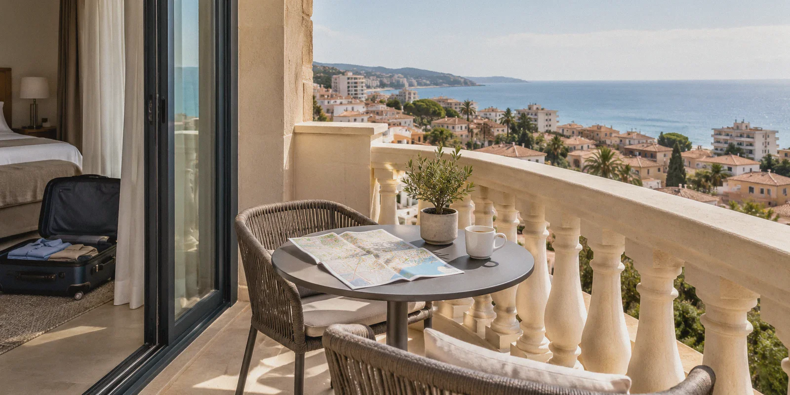 Coastal Spanish neighbourhood seen from a business hotel balcony.