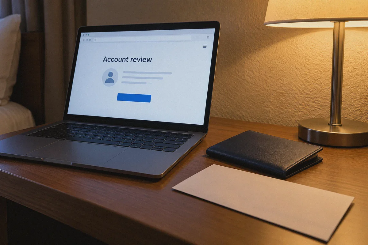 Laptop with an account-review notice beside travel paperwork.