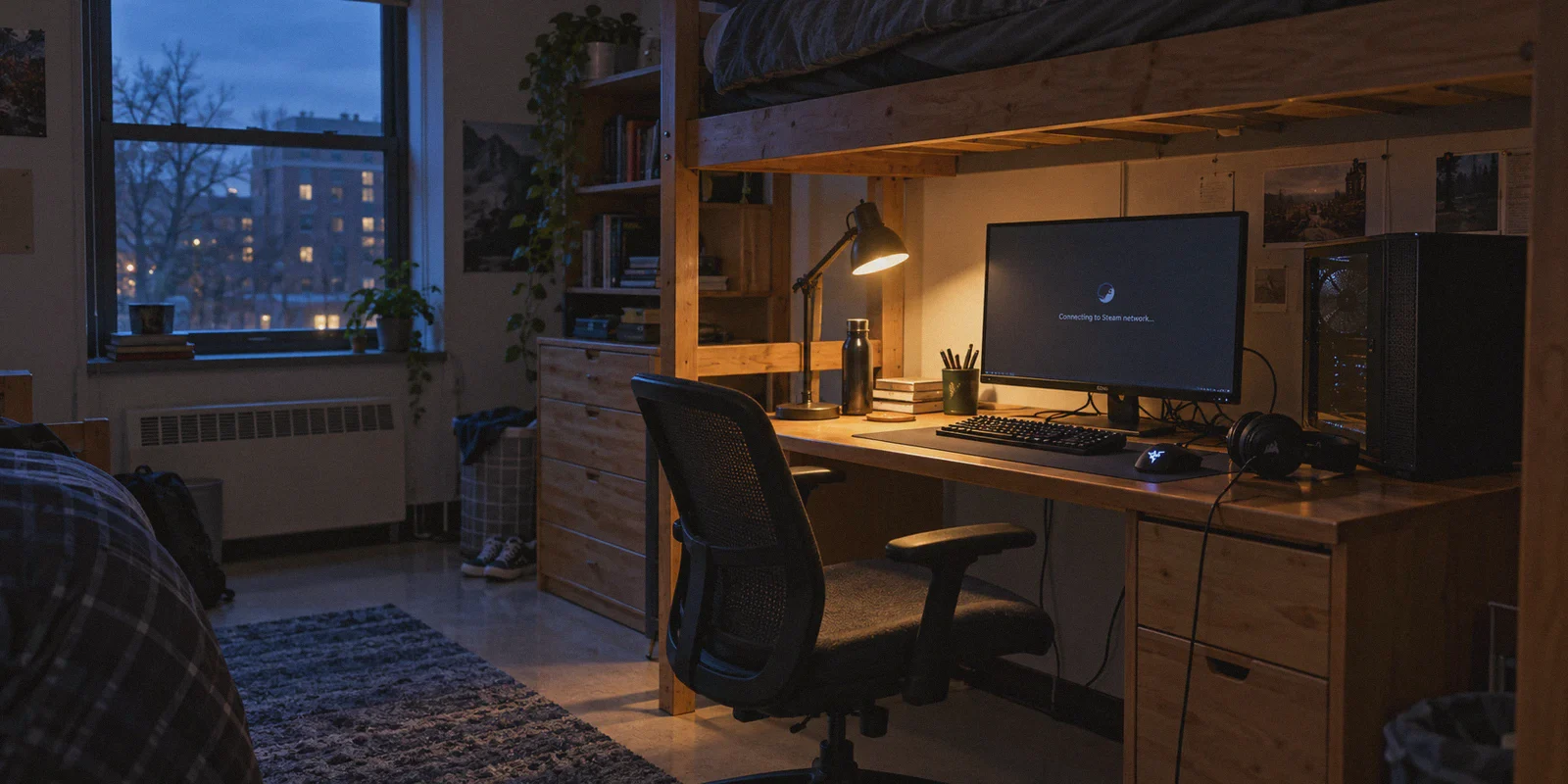 Dorm gaming desk with a Steam connection window.