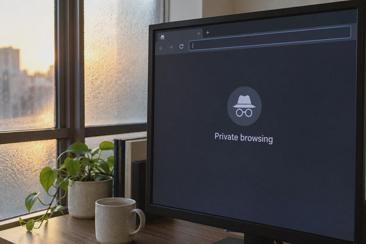A fresh private browser window on a desktop monitor.