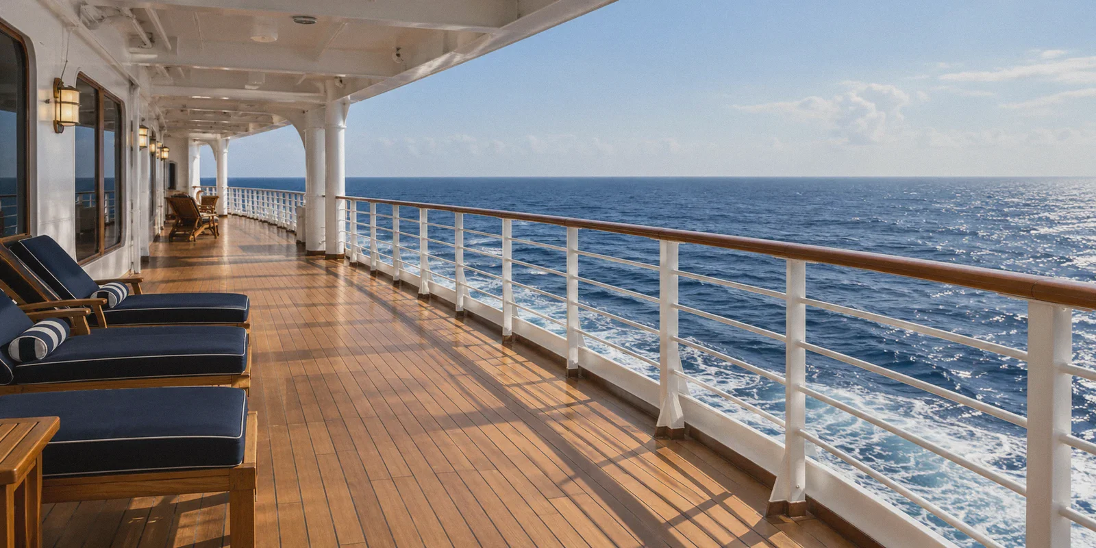 A cruise ship promenade overlooking open water.