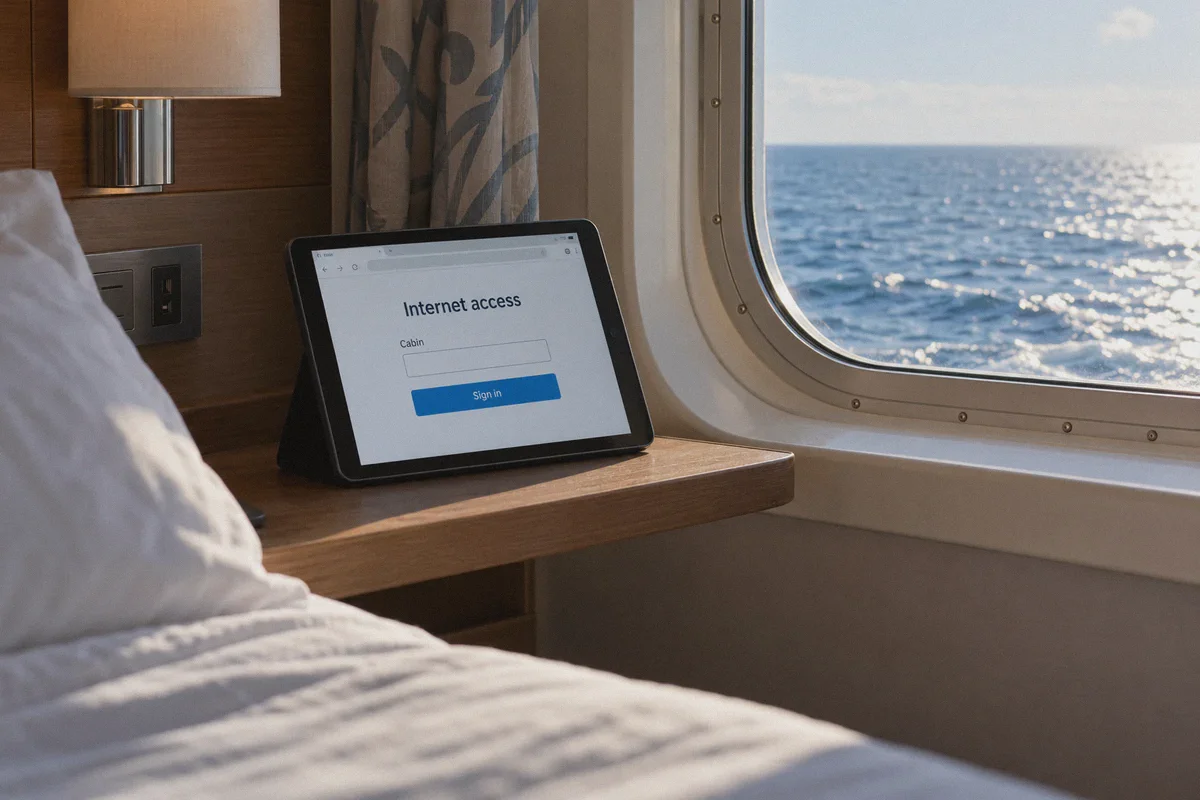 The onboard internet sign-in page on a tablet inside a cruise cabin.