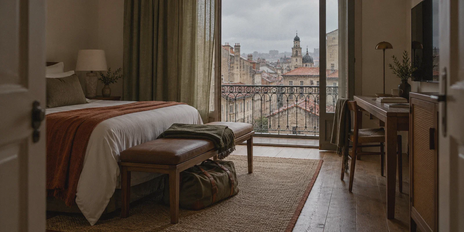 Rainy rooftops outside a hotel room abroad