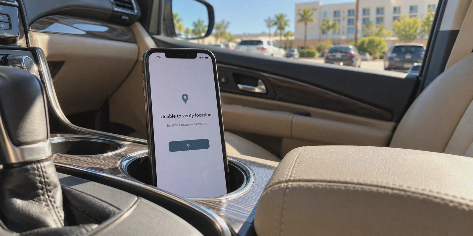 A phone displaying a sportsbook location-check error in a parked car.