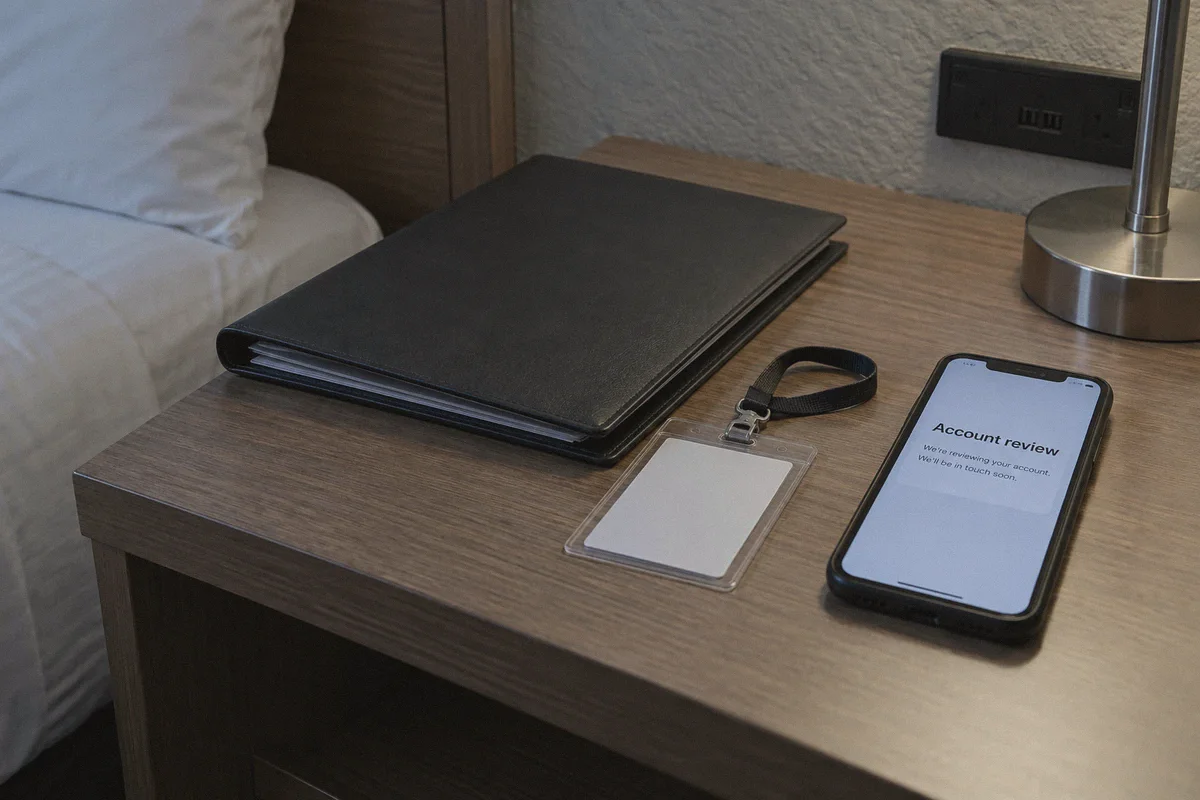 A document folder and phone displaying an account-review notice.