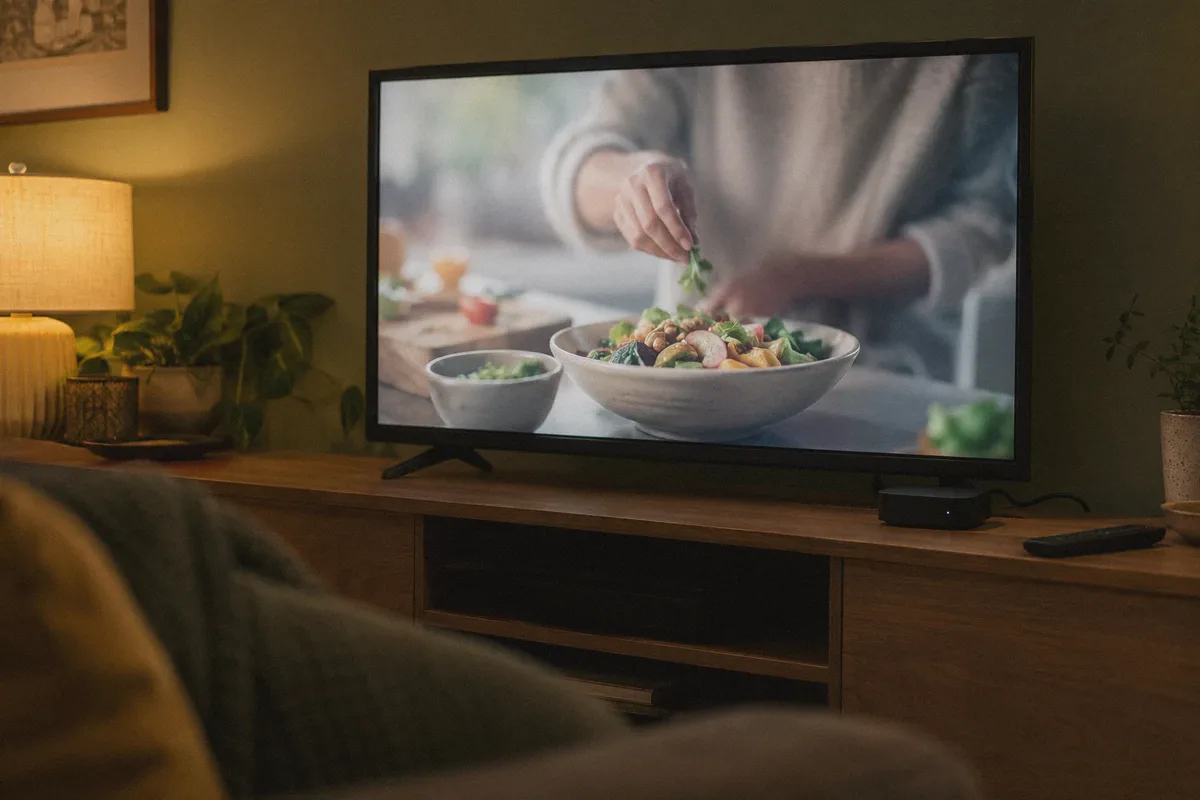 A television and streaming box during a commercial break.