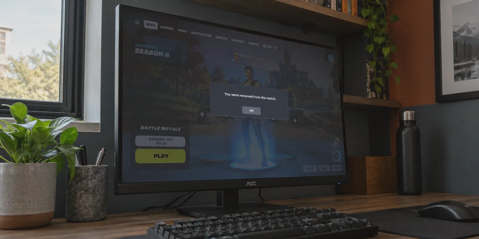 A gaming monitor showing a removed-from-match message.