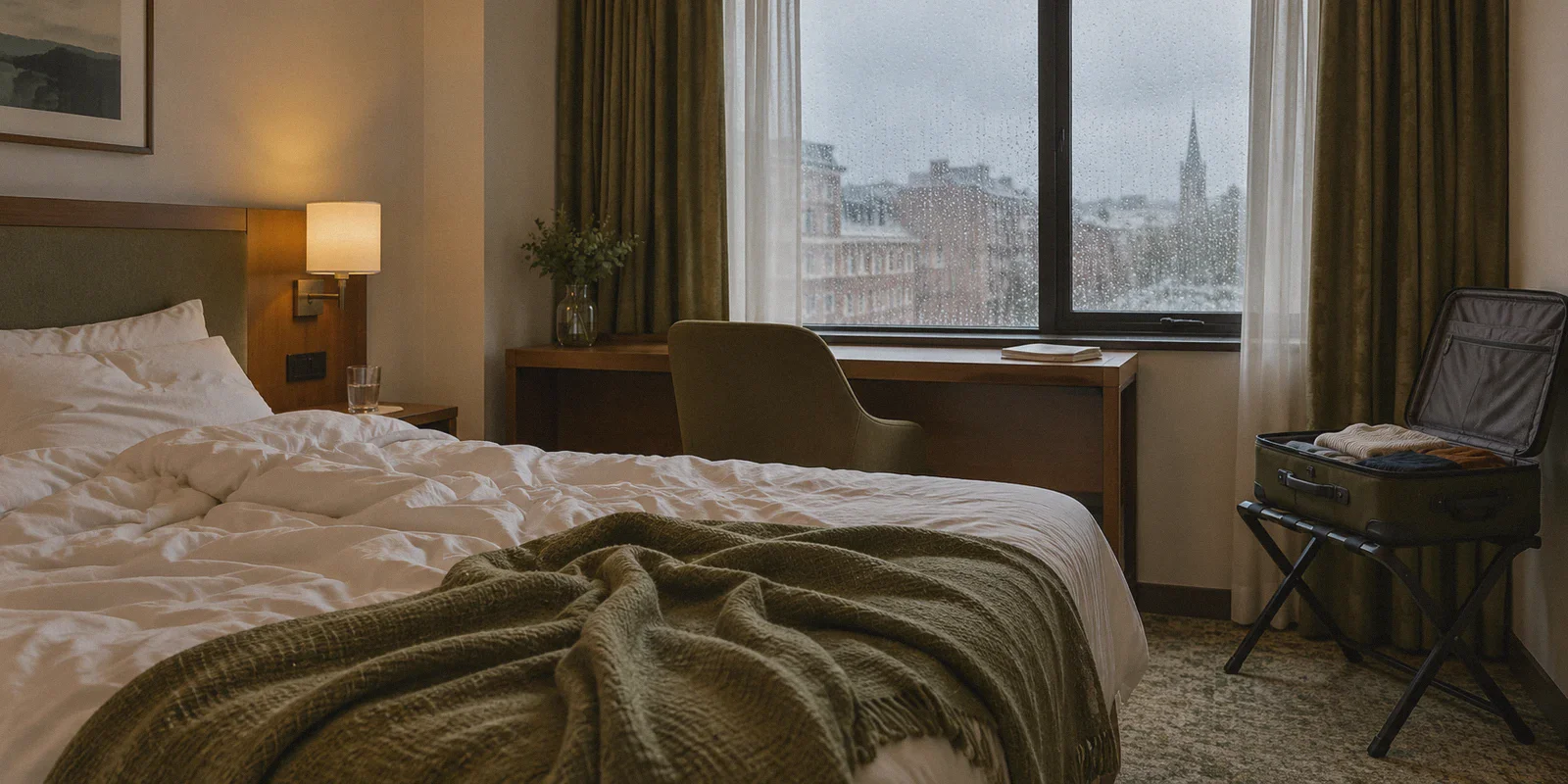 A business hotel room during a rainy morning.