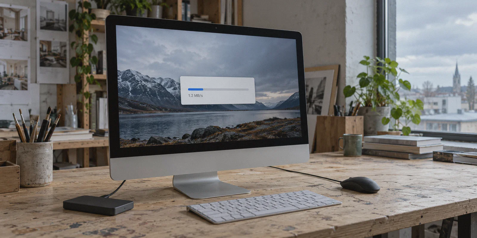 A slow file download on a home workstation.
