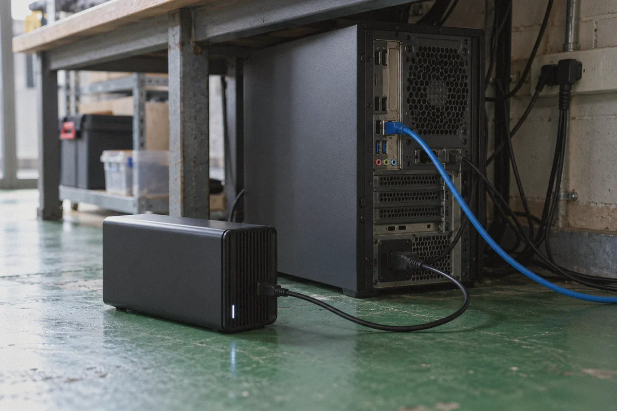 Wired workstation connections and an archive drive.