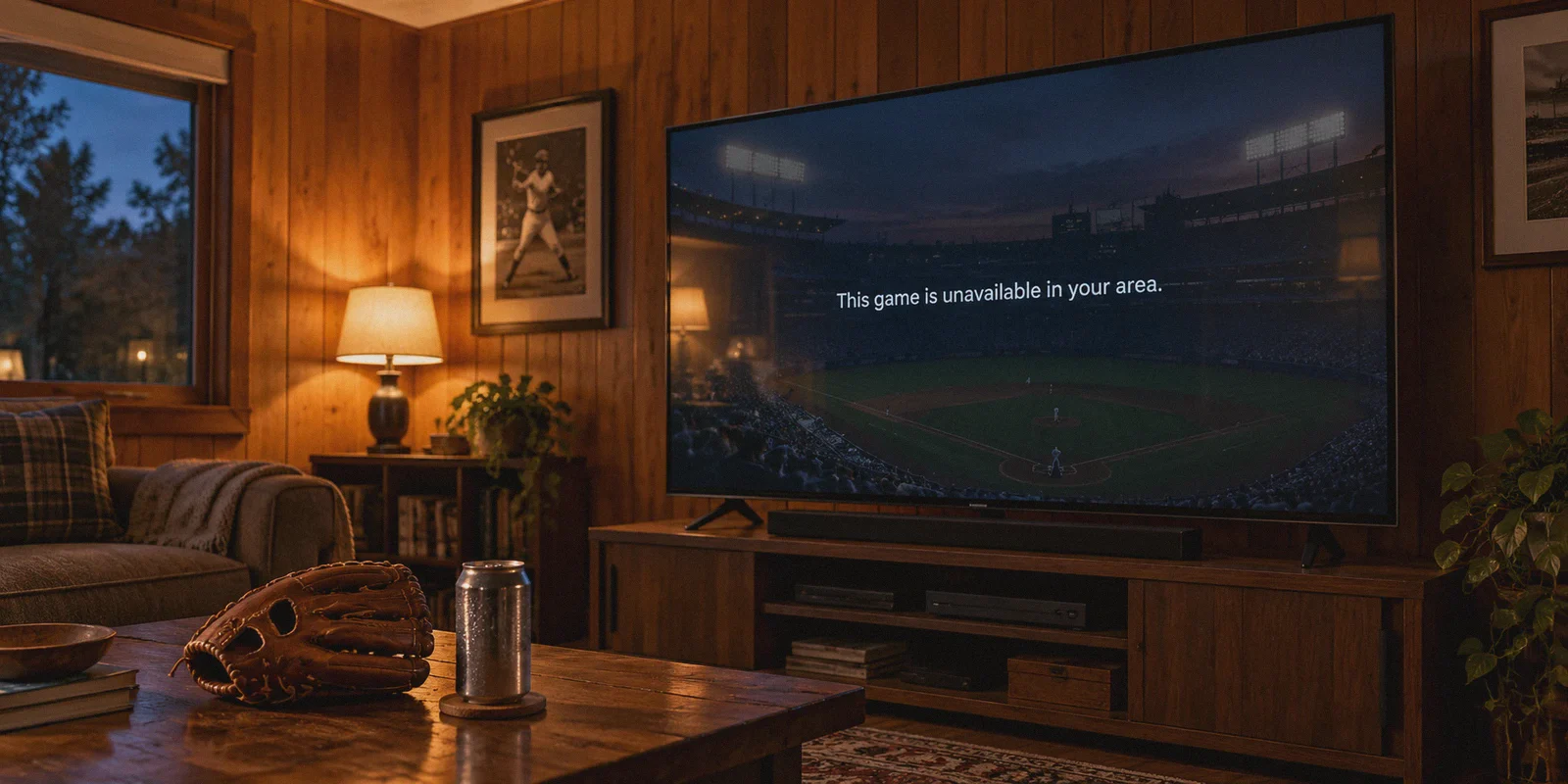 A baseball streaming blackout message on a television in a den.
