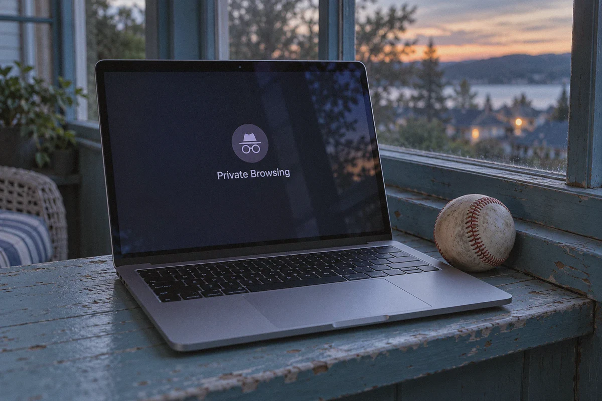 A private browser window open on a laptop beside a baseball.