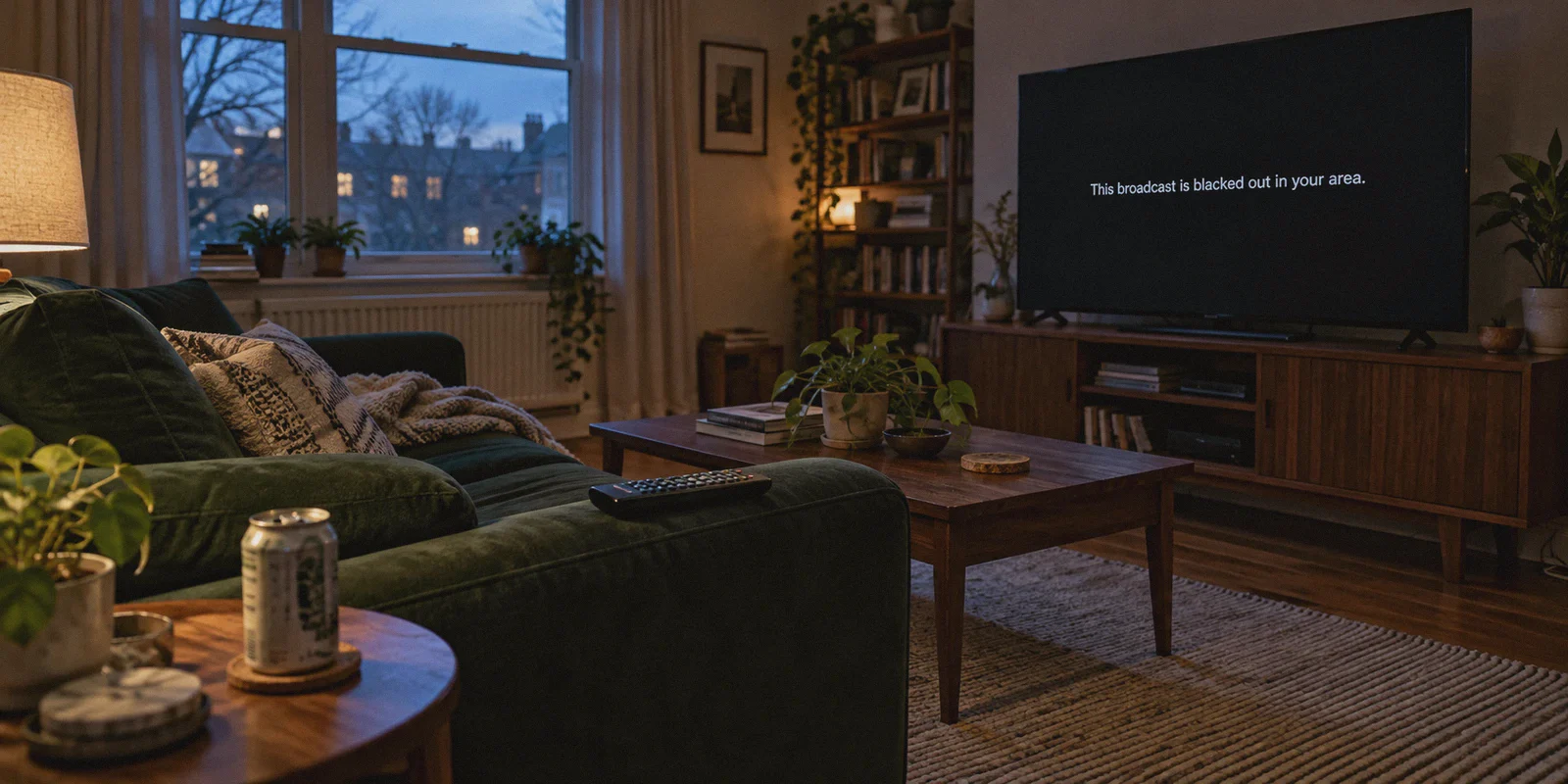 An ordinary living room at tip-off time, television viewed from beside a dark green sofa displaying a black streaming screen with centered small English message This broadcast is blacked out in your area