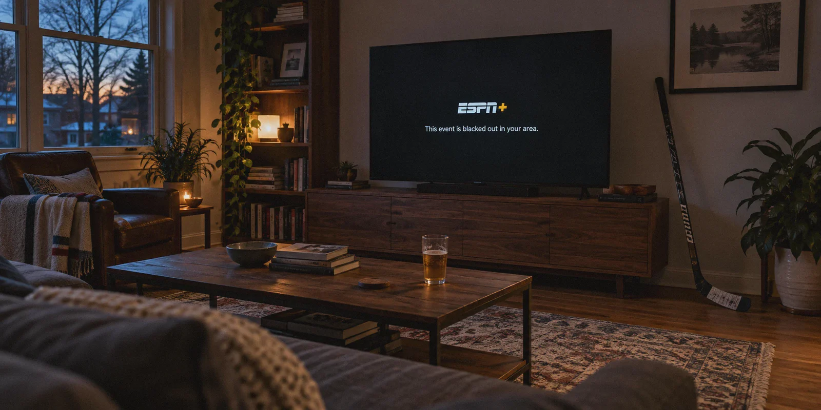 A television displaying a regional blackout notice before a hockey game.