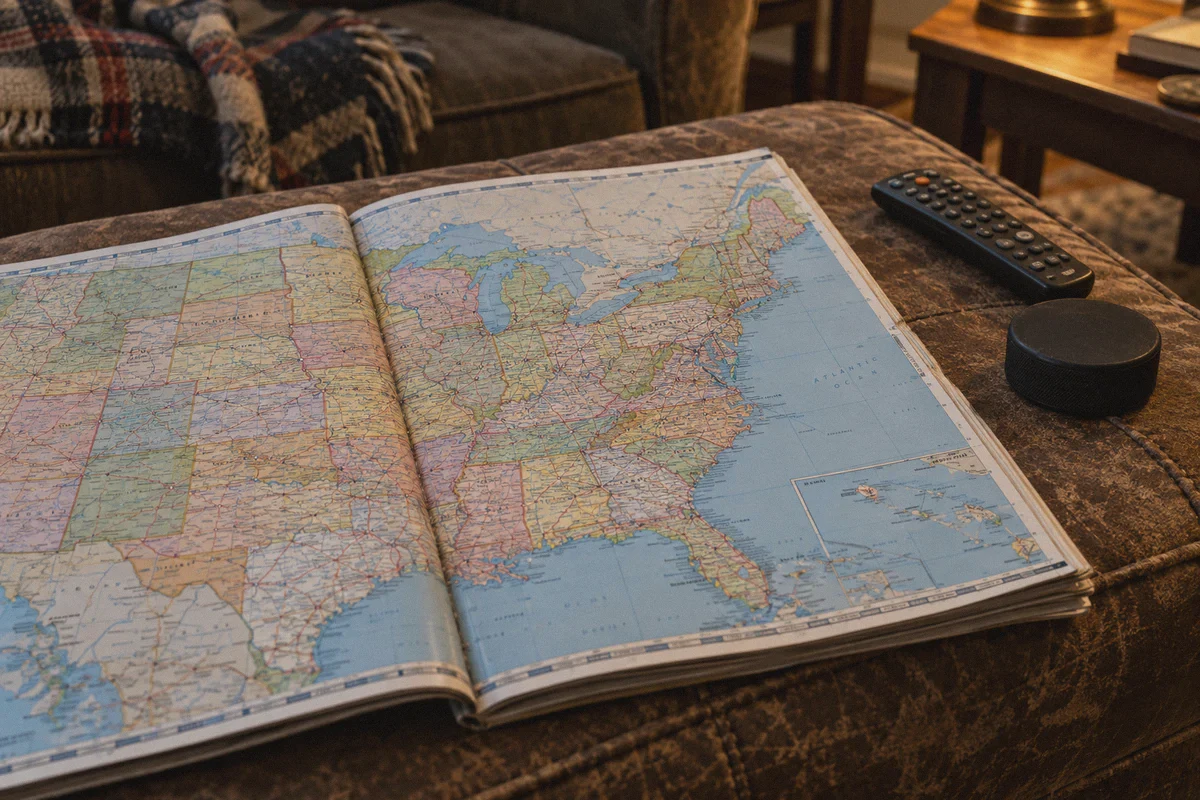 A US road atlas beside a hockey puck and remote control.