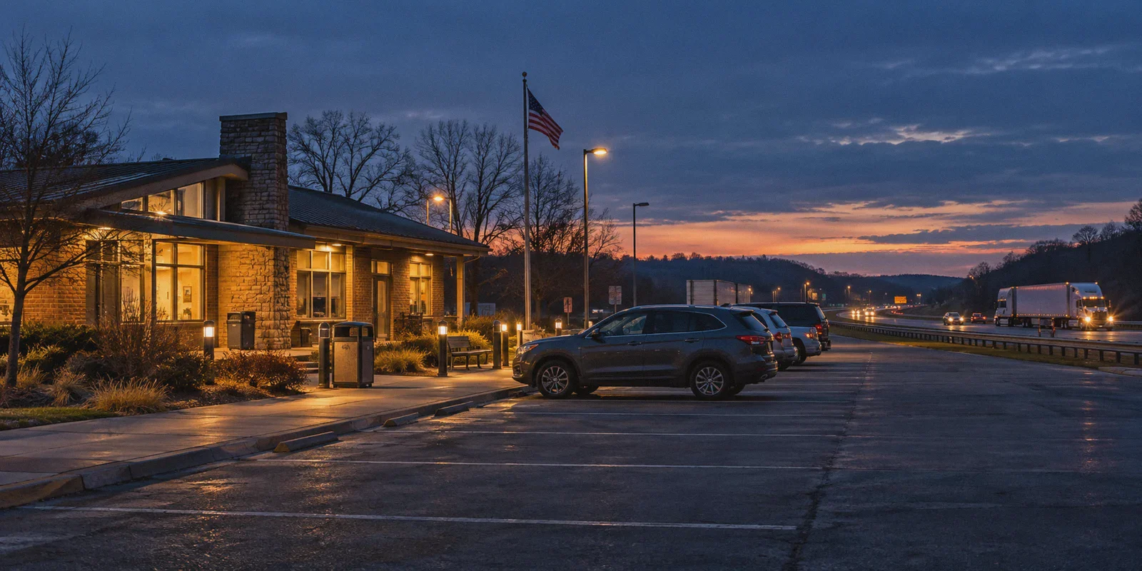 An interstate rest stop during an evening journey.