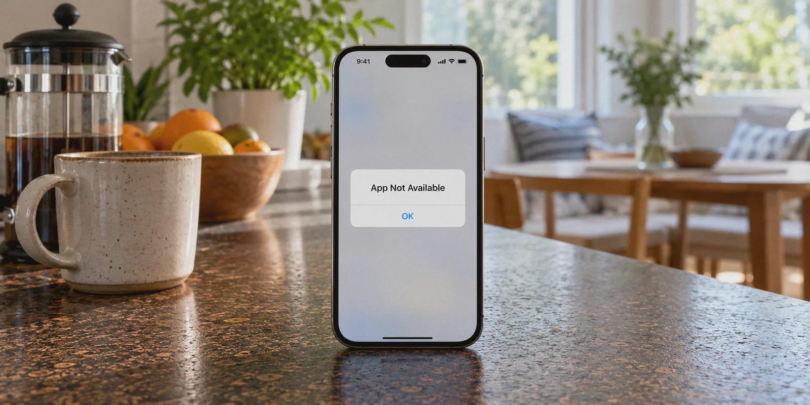 An iPhone showing an app availability message.