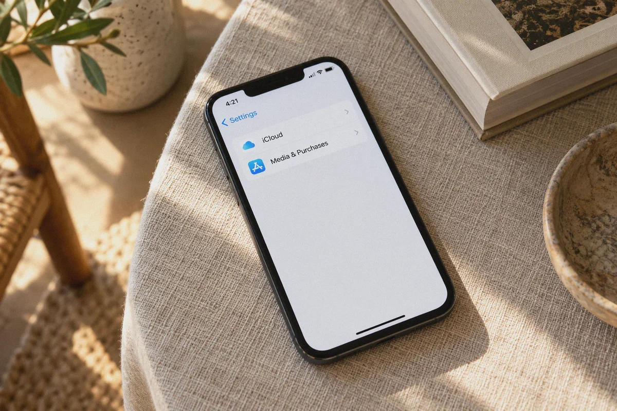 Separate iCloud and Media & Purchases entries on an iPhone.