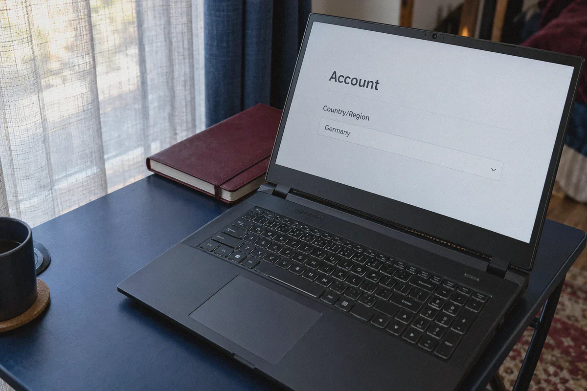 Account-management page displaying the country and region field.