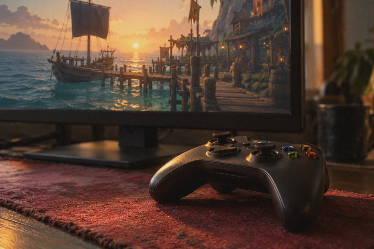 A controller beside a screen showing a ship at an outpost.