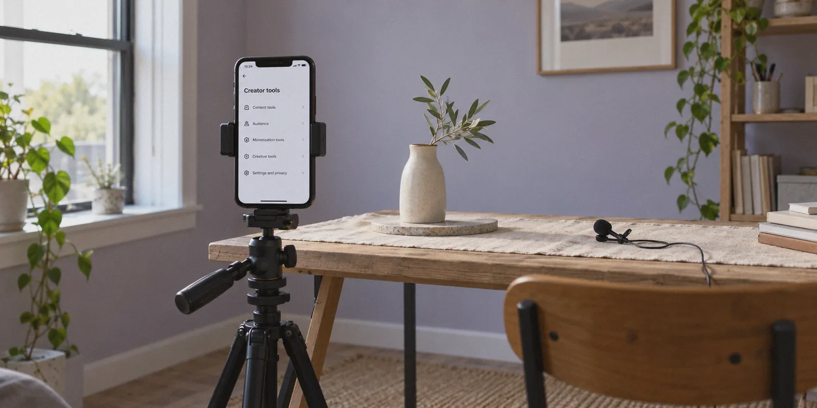 A phone and tripod in an independent video creator’s studio.