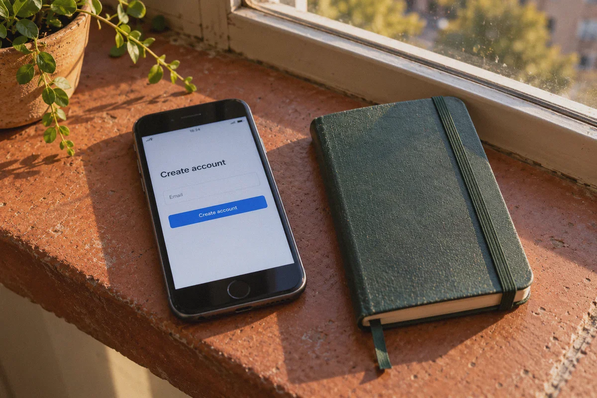 An email registration screen on a separate smartphone.