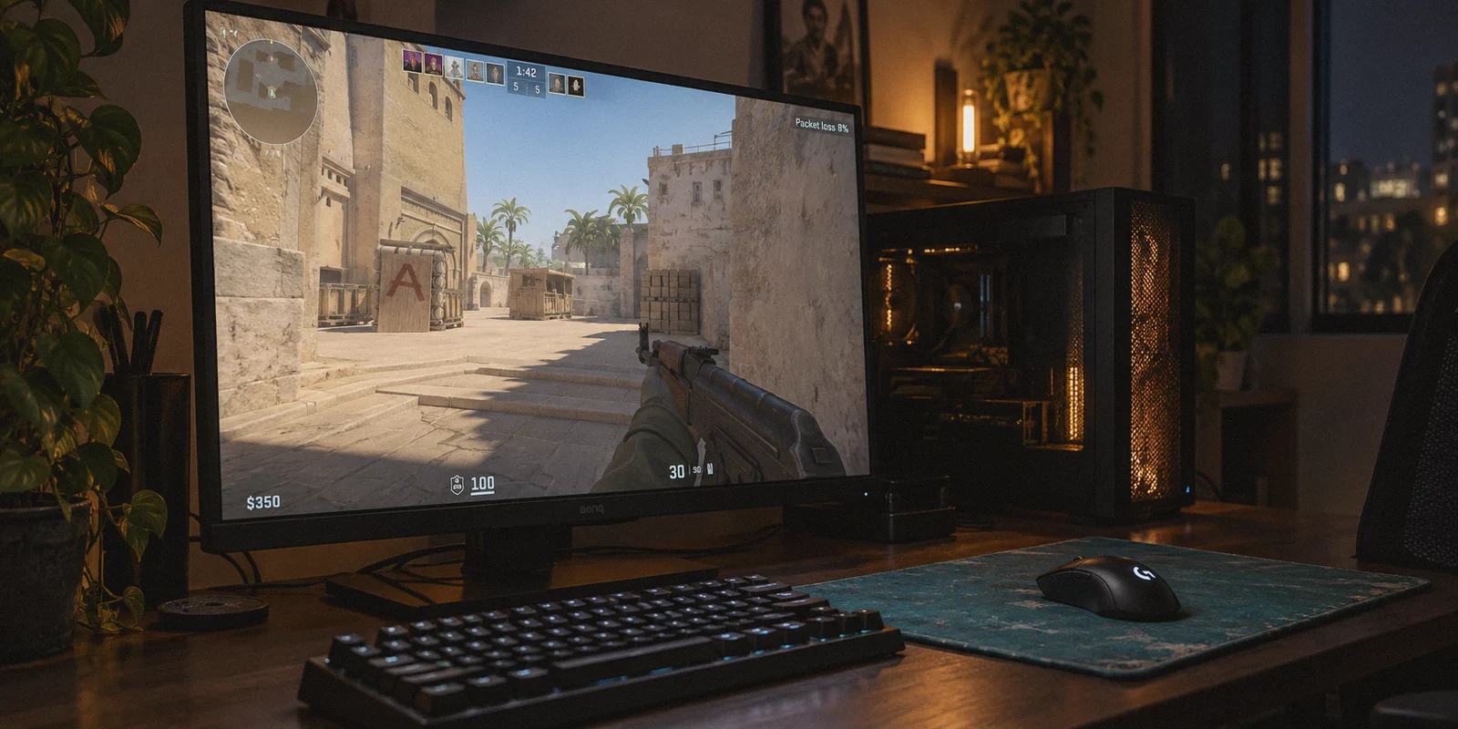 A compact competitive gaming setup at night, black monitor angled slightly left showing Counter-Strike 2 first-person gameplay in a sandy courtyard, understated top-right telemetry reads Packet loss 8%
