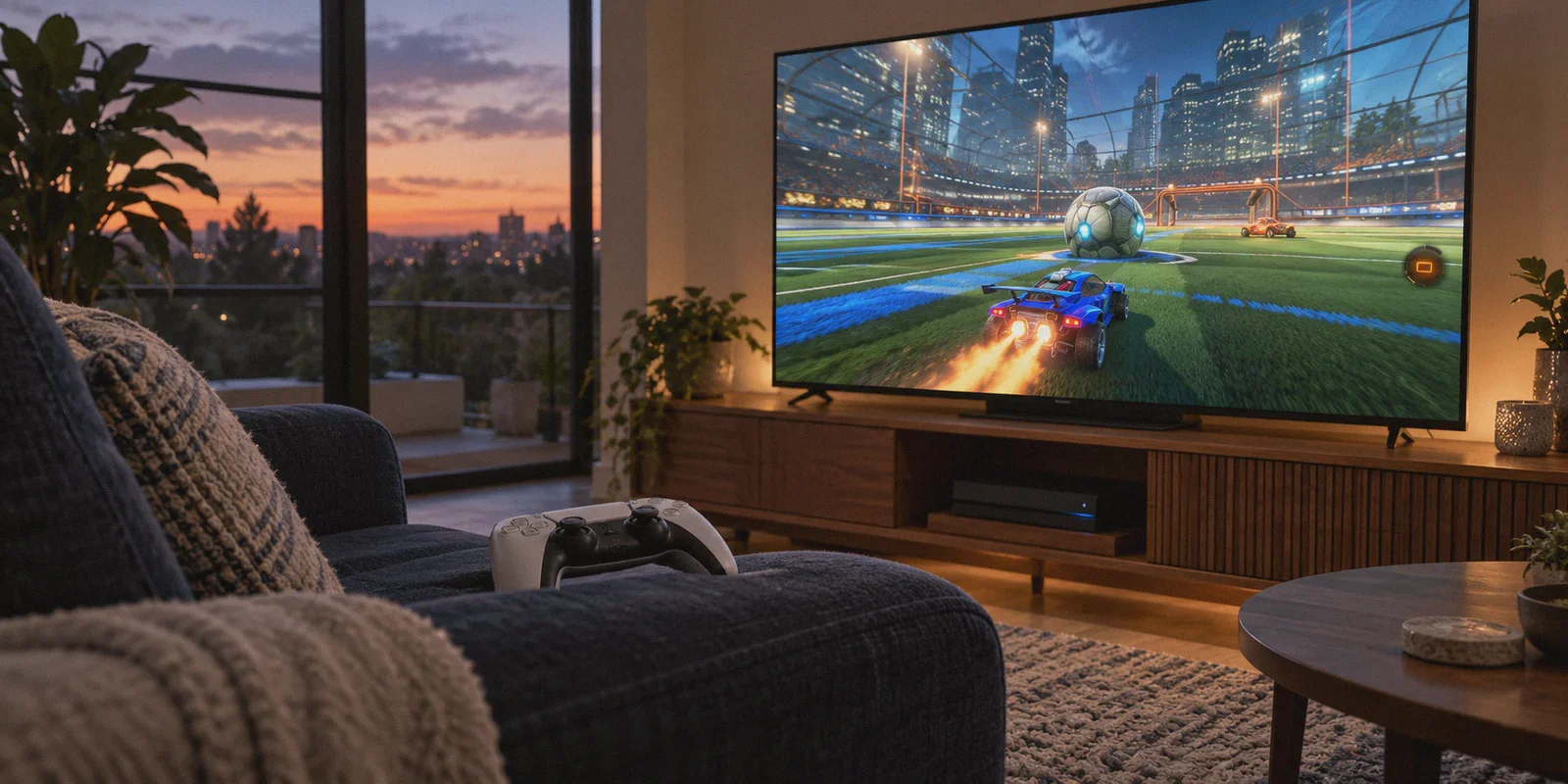 A car-soccer game with a latency warning on the television.