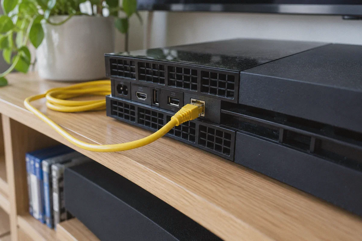 An Ethernet cable connected directly to a games console.